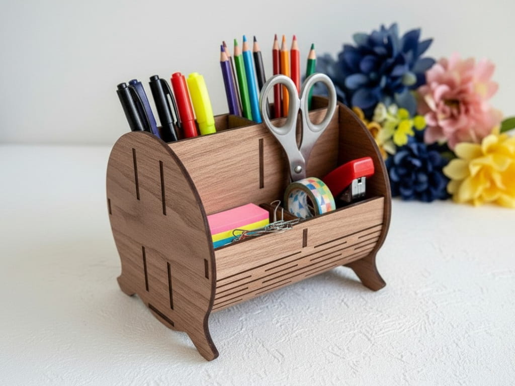 Laser Cut Barrel Desk Organizer Pen Holder for Desk