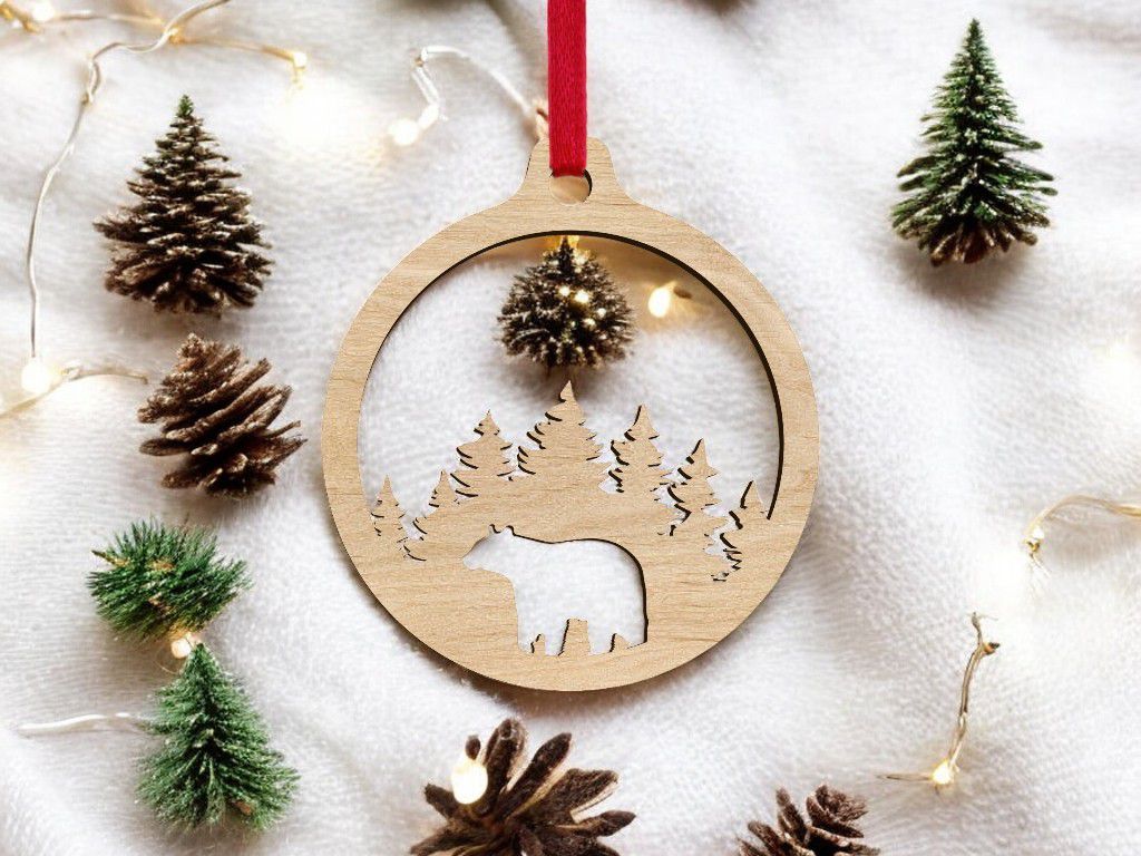 Laser Cut Bear in Woods Christmas Tree Bauble Vector