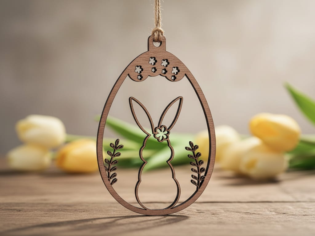 Laser Cut Bunny Egg Spring Decor Wooden Hanging Ornament