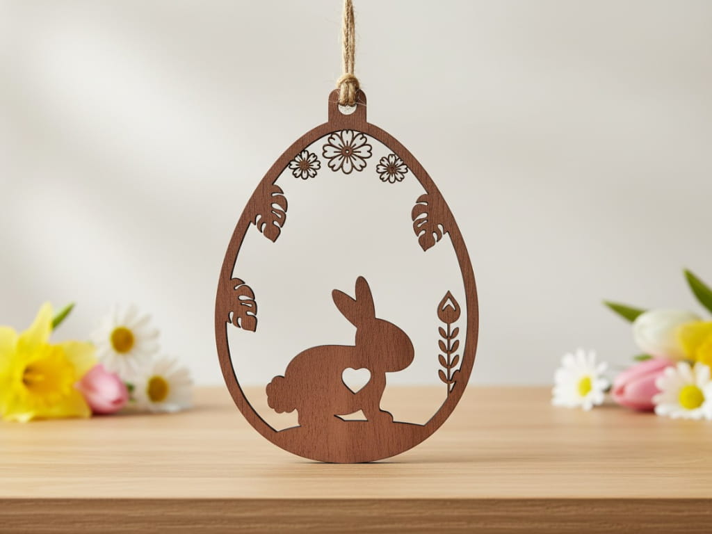 Laser Cut Easter Bunny Egg Ornament with Heart and Floral Design