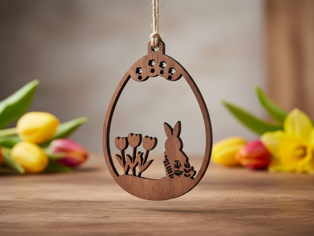 Laser Cut Easter Bunny Egg with Tulip Hanging Ornament