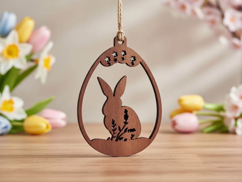 Laser Cut Easter Egg Bunny Floral Ornament for Spring Decoration