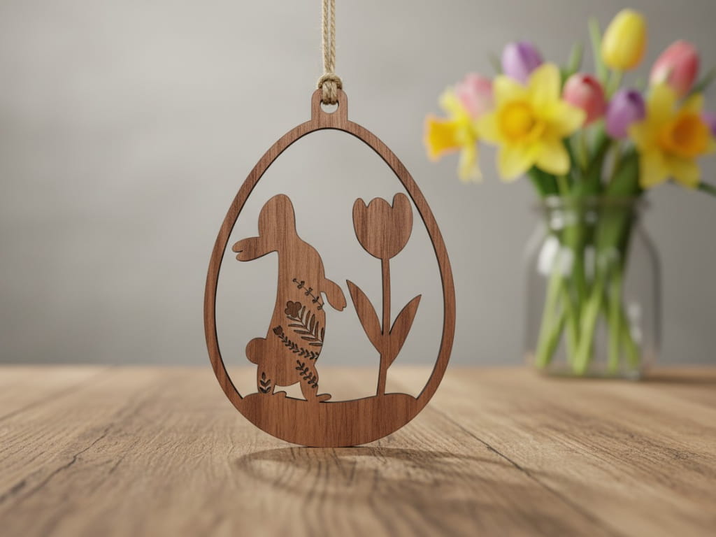 Laser Cut Easter Egg Festive Ornament with Bunny and Tulip Design