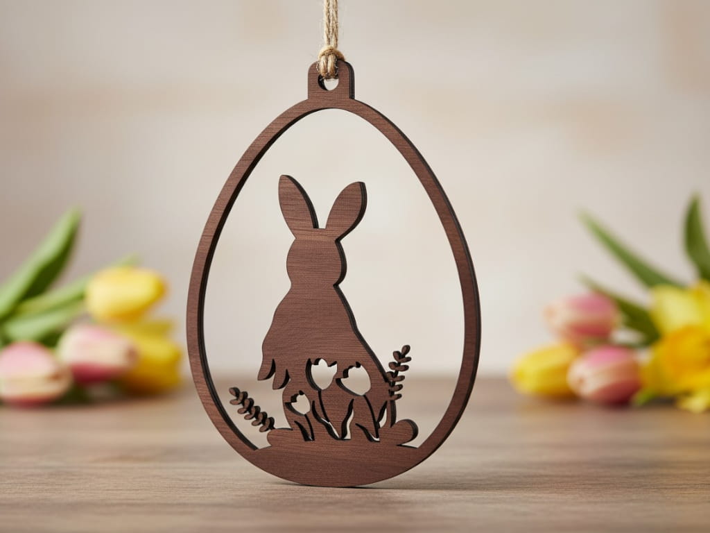 Laser Cut Easter Egg Ornament with Bunny and Tulip Floral Design