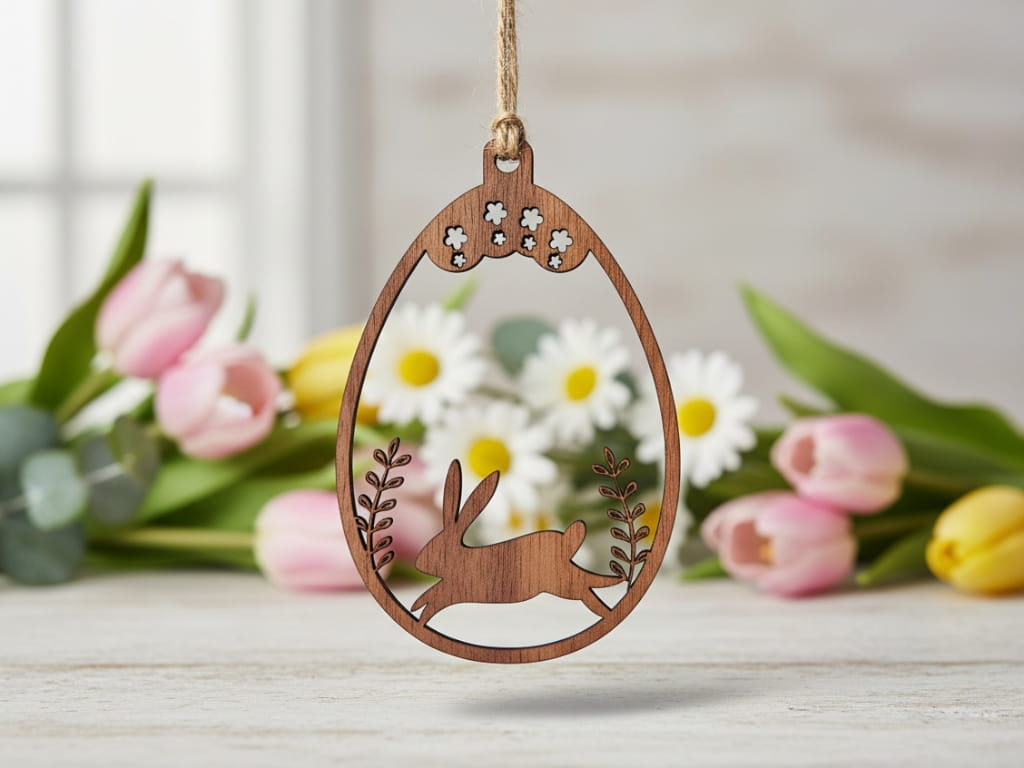 Laser Cut Easter Egg Ornament with Running Bunny and Leaf Design