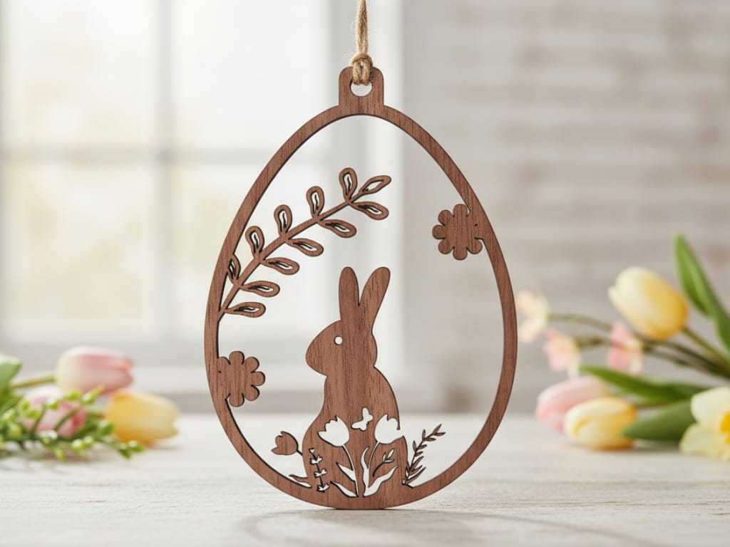 Laser Cut Easter Egg Pendant Ornament with Rabbit and Nature Scene