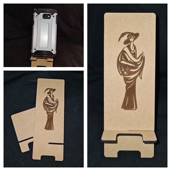 Laser Cut Mobile Phone Holder With Lady Engraving Free Vector File