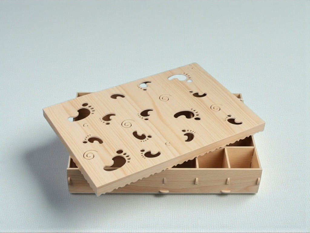 Laser Cut Multi Purpose Storage Box with Footstep Cutouts on Lid