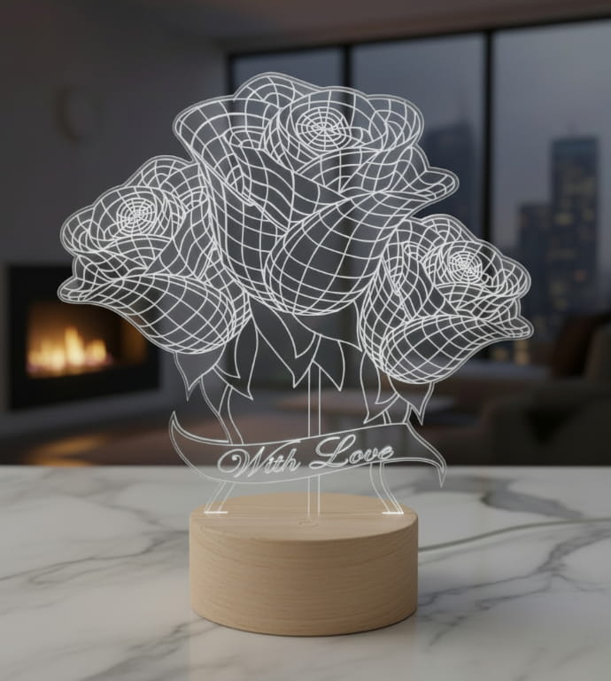 Laser Cut Roses 3D Illusion Lamp for Valentine Day