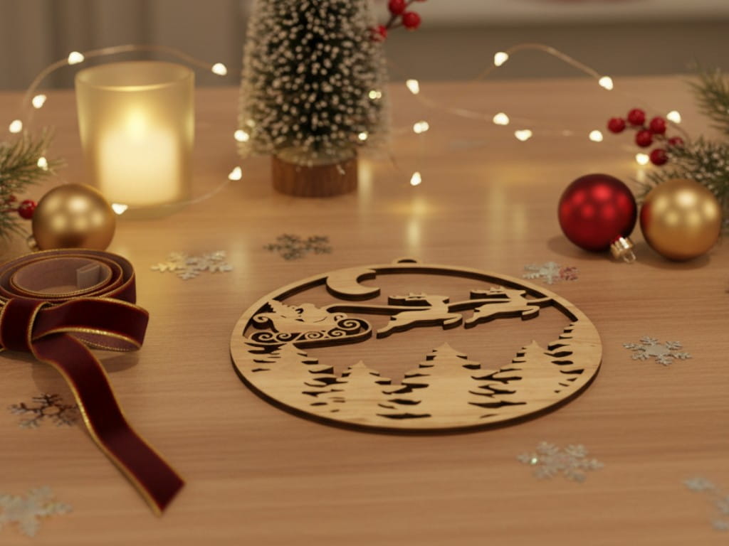 Laser Cut Santa Claus Sleigh and Reindeer Flying Over Forest Ornament