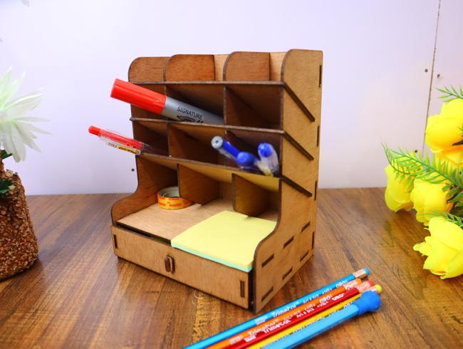 Laser Cut Wood Desk Organizer With Drawers Office Supplies Holder 3mm Free Vector File