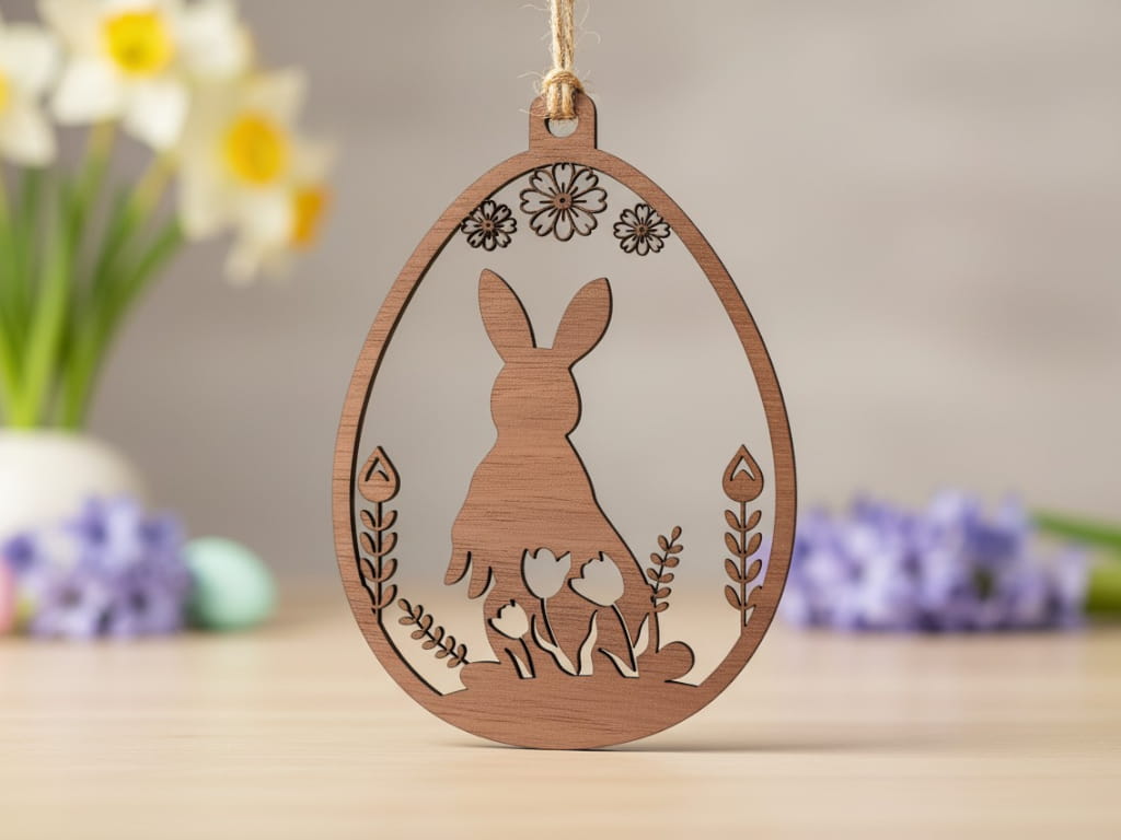 Laser Cut Wooden Bunny Easter Egg Ornament for Festive Decor