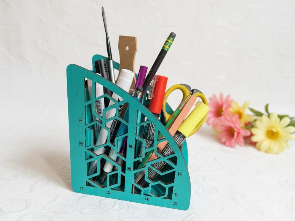 Laser Cut Wooden Caddy Pen Holder Desktop Storage Organizer