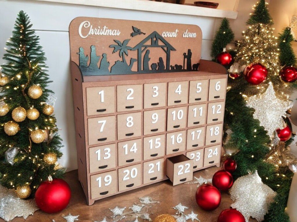 Laser Cut Wooden Christmas Advent Calendar with Drawers Vector