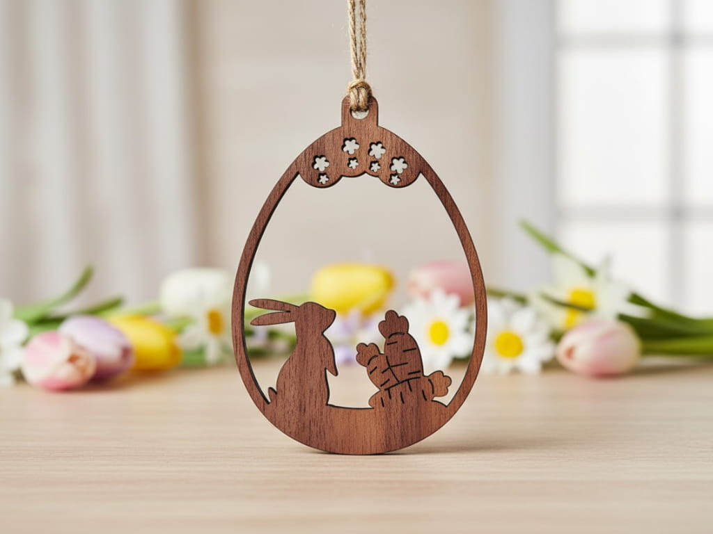 Laser Cut Wooden Easter Egg Bunny and Carrot Hanging Ornament