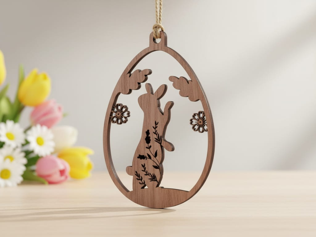 Laser Cut Wooden Easter Egg Bunny Ornament