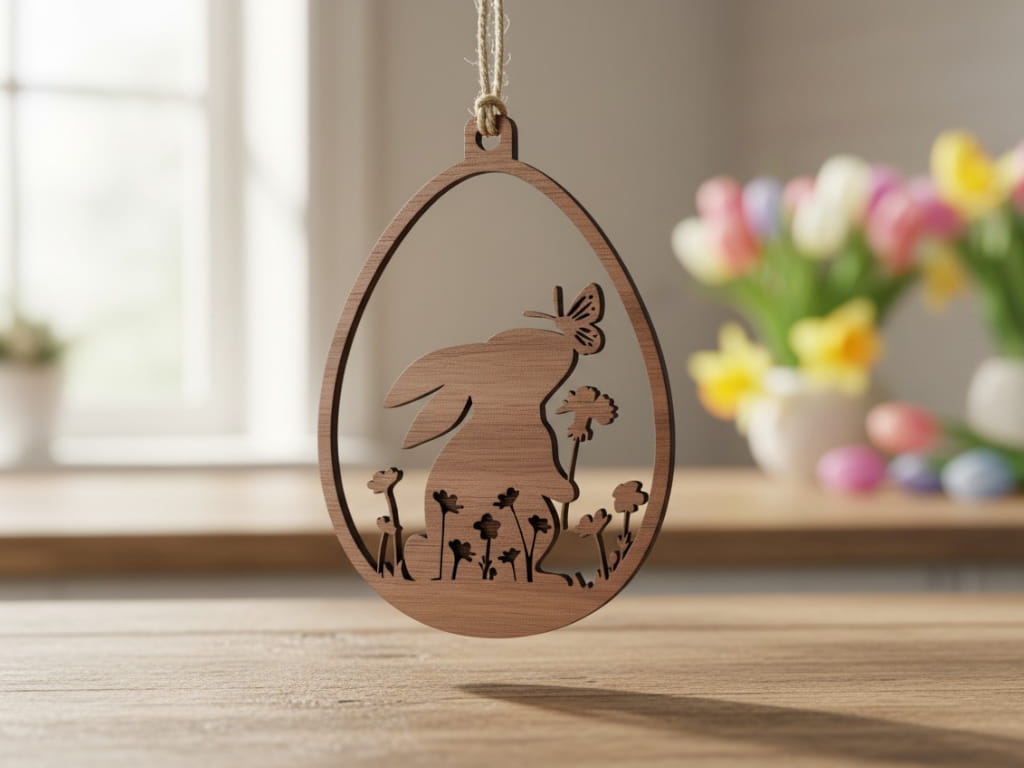 Laser Cut Wooden Easter Egg Ornament with Bunny and Butterfly
