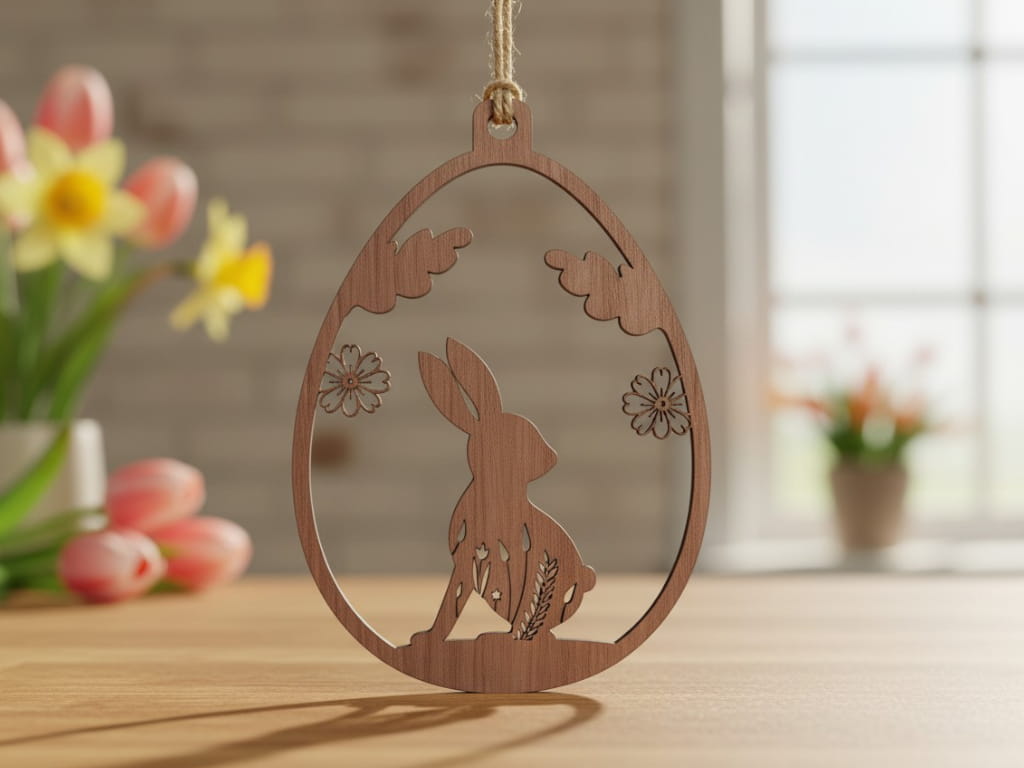 Laser Cut Wooden Easter Egg Ornament with Bunny and Floral Scene