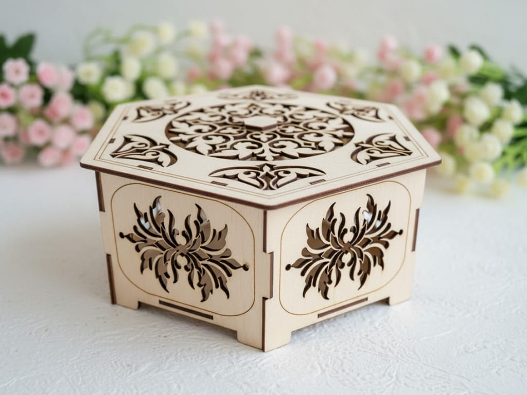 Laser Cut Wooden Hexagonal Jewelry Box