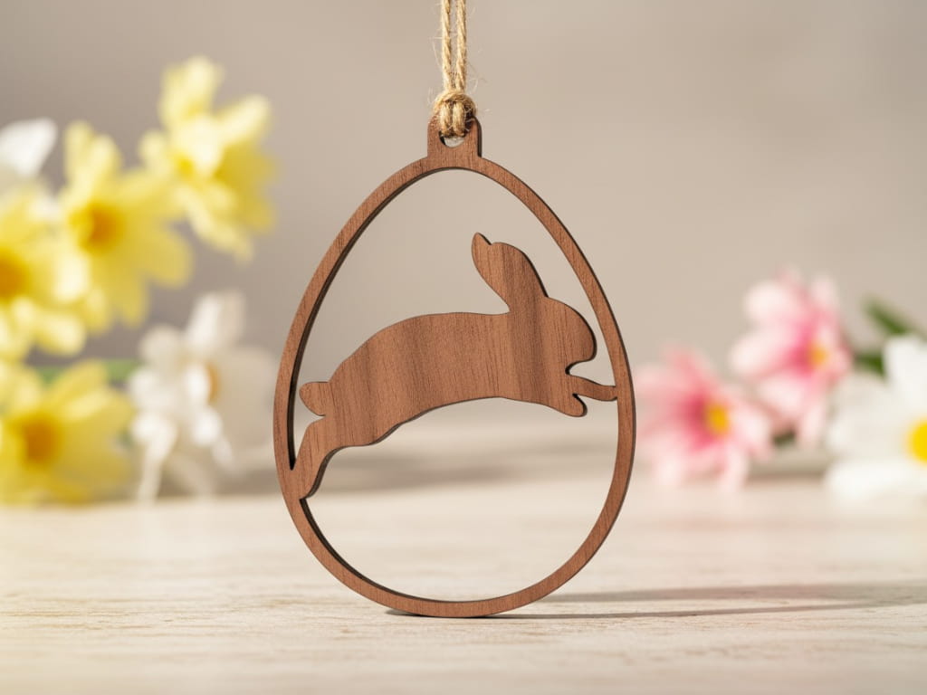 Laser Cut Wooden Jumping Bunny Easter Egg Ornament