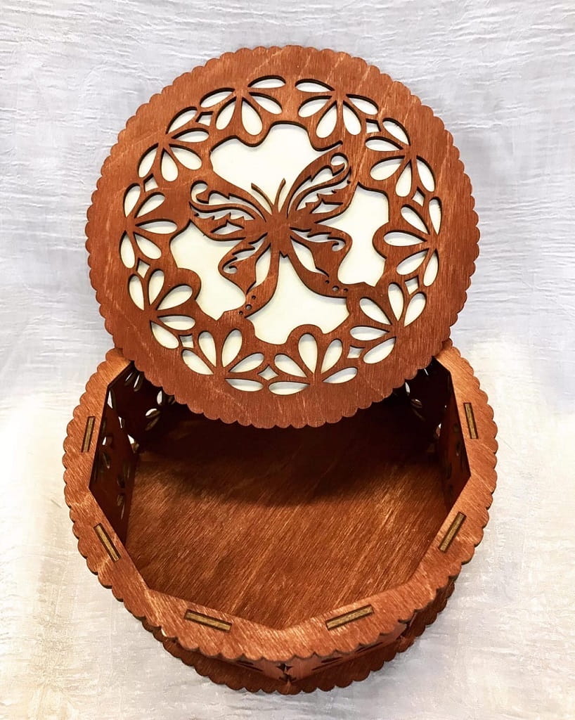 Laser Cut Wooden Round Jewelry Box with Butterfly Design