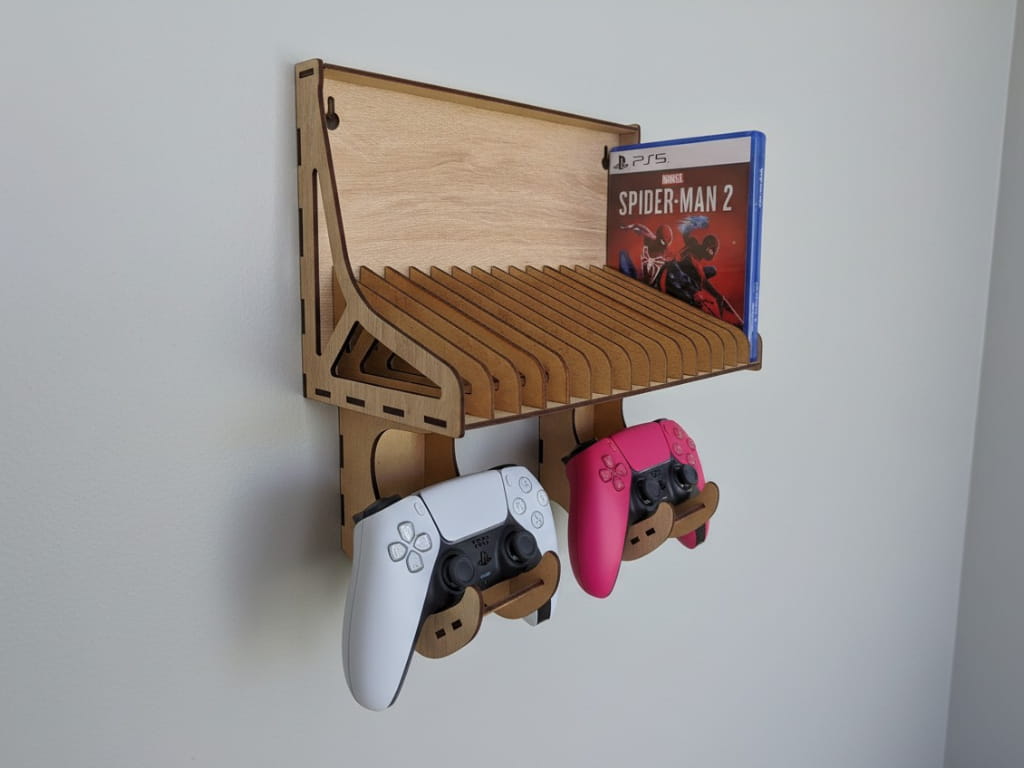 Laser Cut Wooden Wall Mounted Gaming Console Organizer