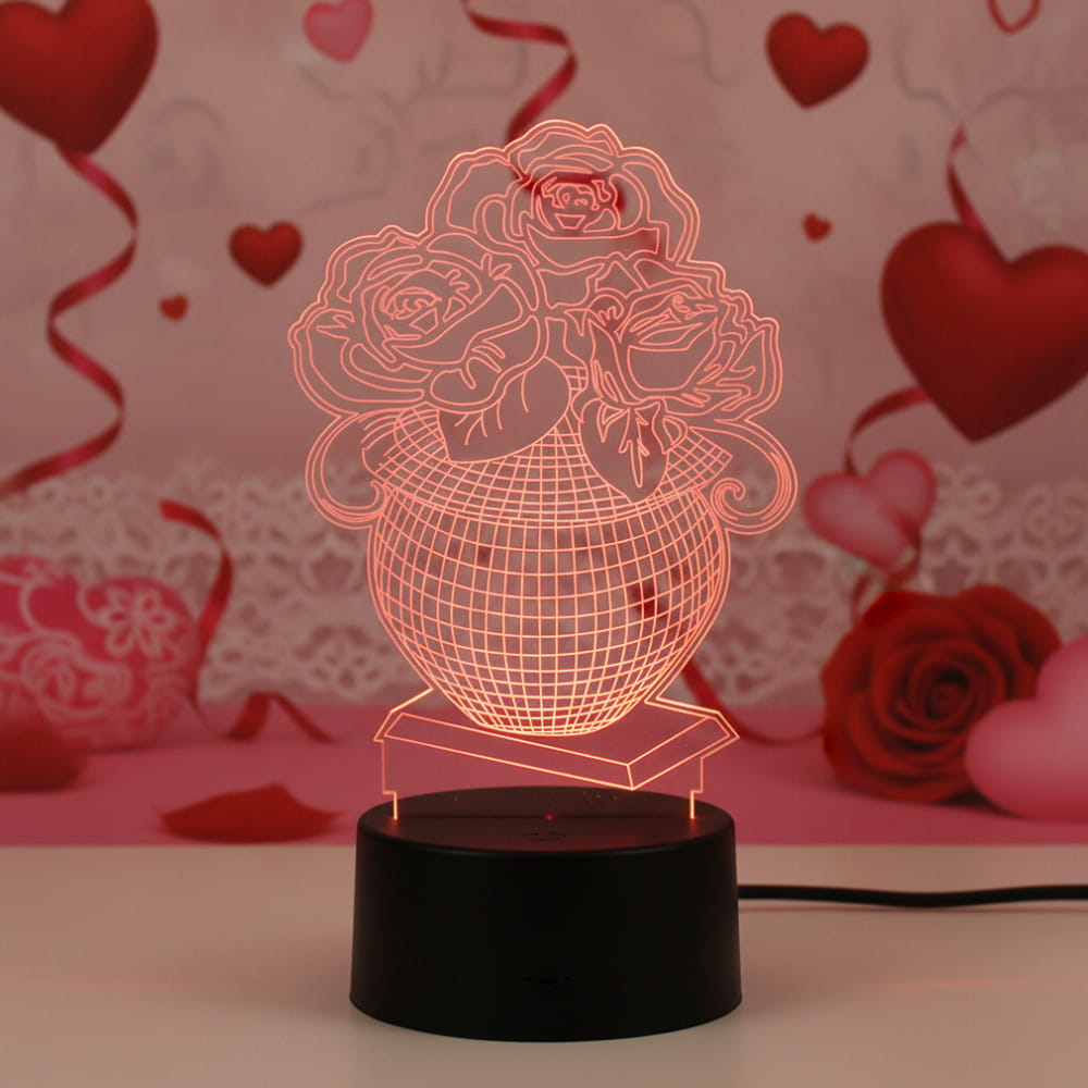 Laser Engraved Rose Flower Vase Acrylic LED Night Light